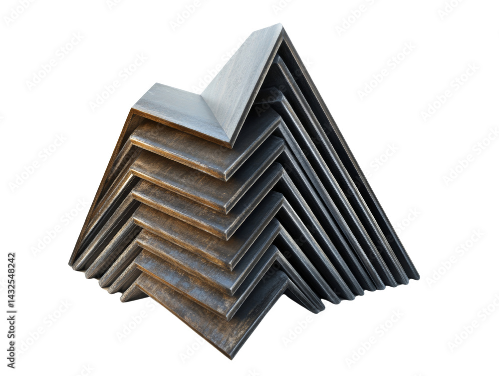 Poster stacked angular metal beams create an industrial aesthetic on a transparent setting