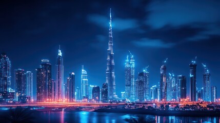 Modern urban landscape reflecting in water at night, with illuminated skyscraper