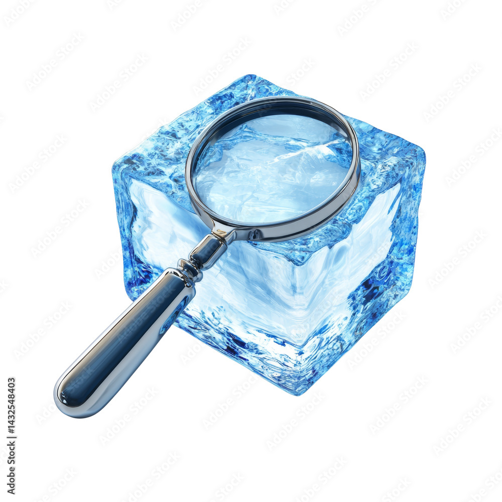 Poster frozen analysis a magnifying glass explores the intricate details of a clear ice cube