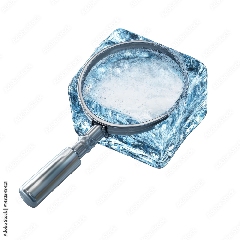 Poster magnifying glass hovering above an ice cube, close-up observation on a clear background