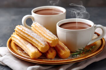 Steaming mugs of hot chocolate with churros dusted with powdered sugar