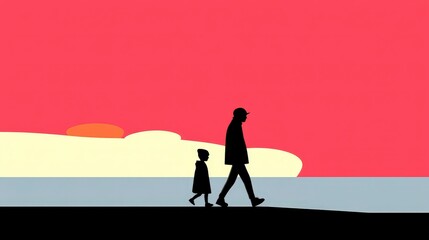Obraz premium Silhouette of Father and Child Walking on Beach at Sunset
