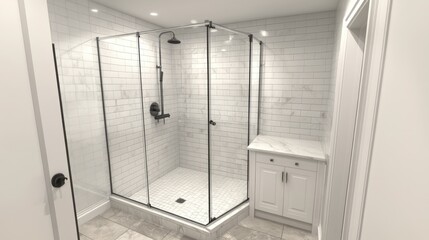 Frameless corner shower with large-format wall tiles in progress