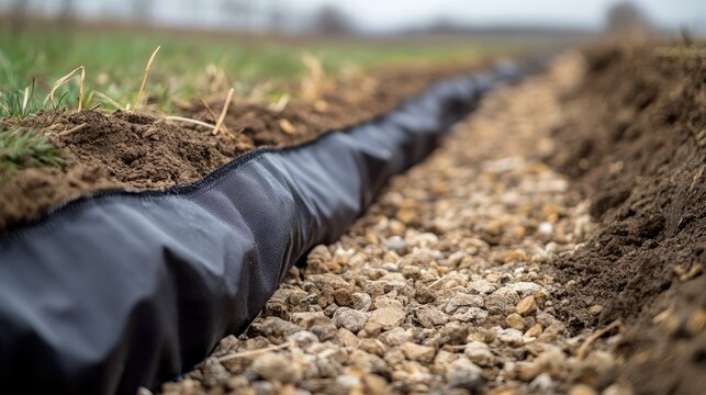 Geotextile edges pinned down by gravel fill in roadside trench