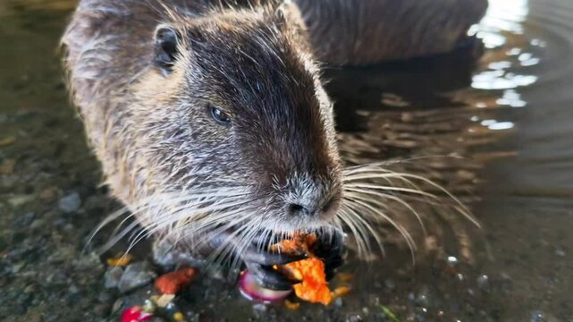 A nutria eating a piece of food in the water