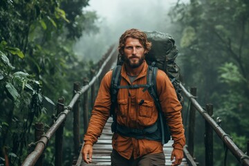 Obraz premium Adventurer crossing wooden bridge in tropical rainforest