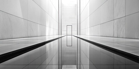 Fototapeta premium Reflective Symmetry: A Modern Architectural Interior with Water Feature and Minimalist Design