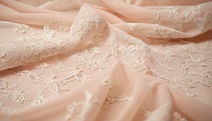 Delicate floral lace fabric texture in soft pastel pink shade background