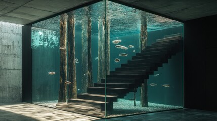 Underwater Staircase Surreal Architecture in a Modern Interior, Design Project