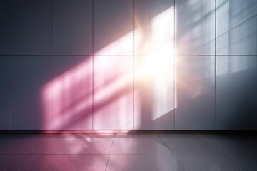 Sunlight casting colorful reflections on a modern wall with a smooth floor creating a serene atmosphere for design mock up