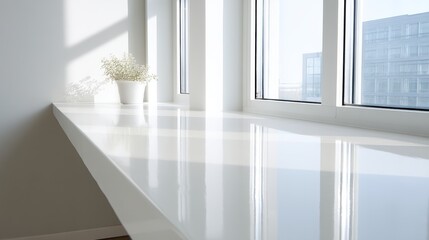 Fototapeta premium Bright and airy modern interior with a sleek white table and large windows showcasing natural light and minimalistic decor, perfect for a contemporary design concept