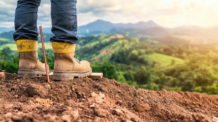 Fototapeta premium Site engineer's boots standing on graded slope with offset level rod
