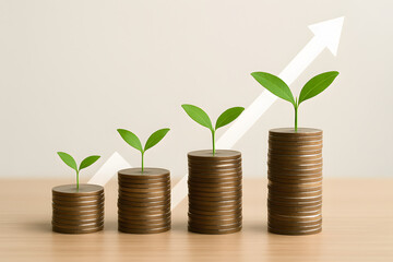 Growing Investment: Stacks of coins with growing plants represent financial growth and investment potential. An upward arrow symbolizes progress and success.