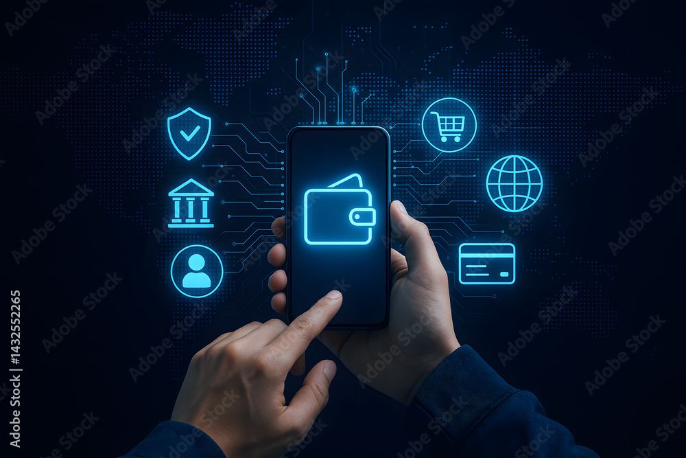 Poster digital wallet at your fingertips: a person interacts with a mobile phone displaying a digital walle