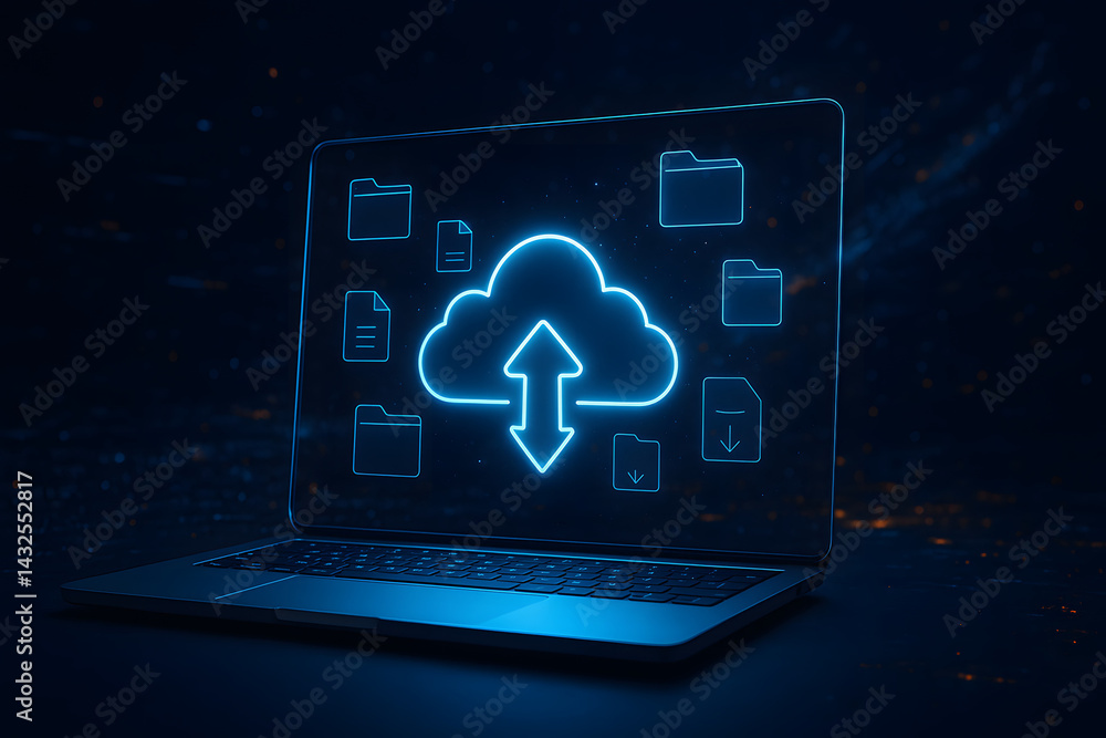 Poster cloud data transfer: a digitally rendered laptop showcasing cloud data transfer and storage, symboli