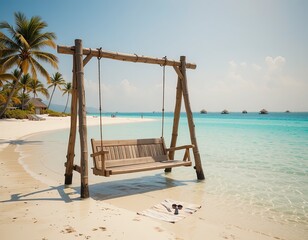 weathered wooden beach swing in turquoise maldives lagoon at sunrise, with palm trees and white sand shore creating serene tropical paradise scene