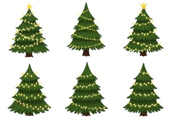A repeating pattern of christmas trees decorated with lights and stars on a white background surface
