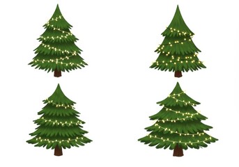 Fototapeta premium A set of four christmas trees decorated with string lights on a white background, festive and bright