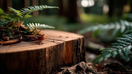 Peaceful fern sprout growing on tree stump in forest