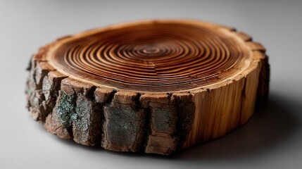 Peaceful natural wood slice showing growth rings on plain surface