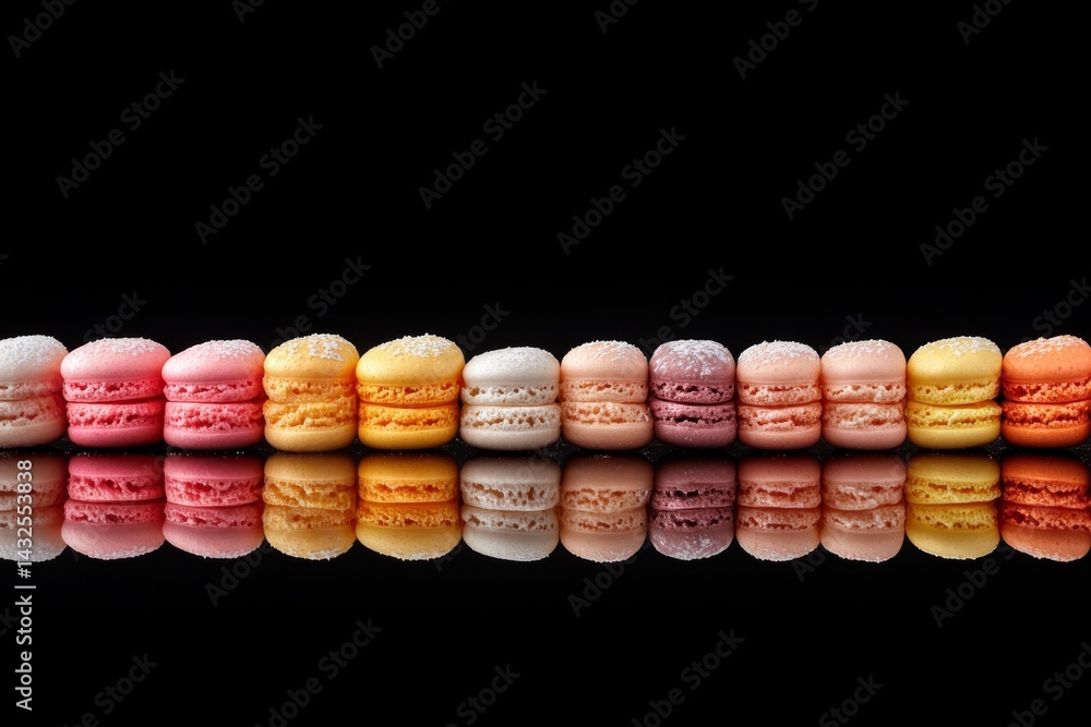 Poster A row of vibrant vegan macarons displays various colors and textures on a reflective surface, creating an enticing dessert presentation perfect for advertisements