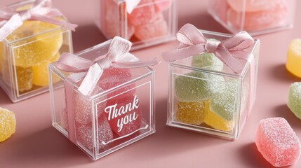 Wedding favor boxes with mini fruit jellies, dehydrated fruit chips, and a thank-you note, tied in a ribbon for guests to take home, copyspace for text - confectionery thank-you