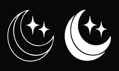 Minimal Crescent Moon and Stars Icons – Solid and Outline Vector Design.moon, crescent, stars, night, icon, vector, outline, solid, silhouette 