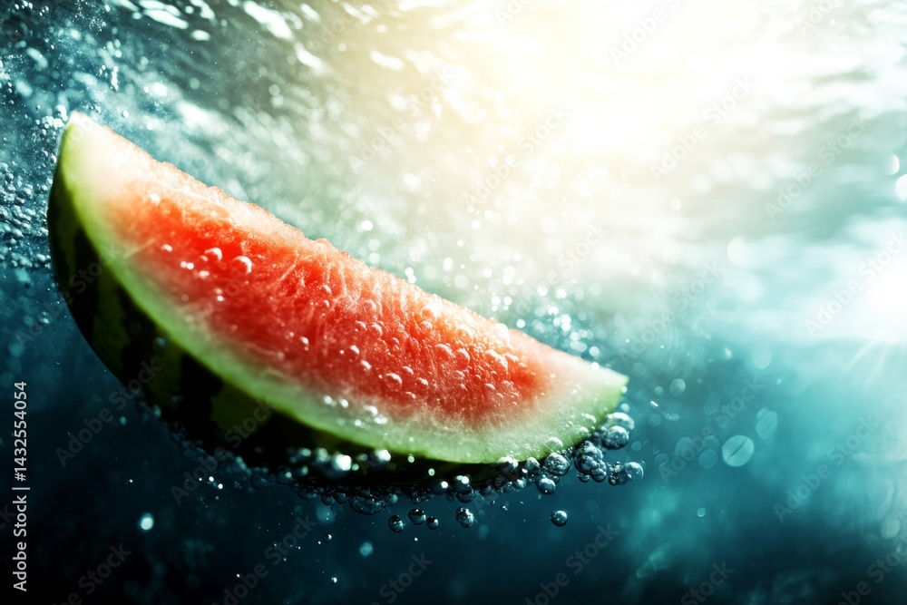 Poster a vibrant slice of watermelon is submerged in clear water, with bubbles rising all around it, creati