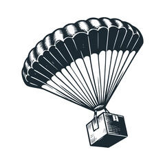 Obraz premium Floating Delivery: Package Box Descending with a Parachute – Black and White Icon Vector and Illustration