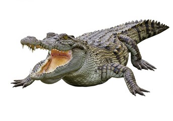 Fototapeta premium A full body shot of an alligator with its mouth open wide showing its teeth on a white background