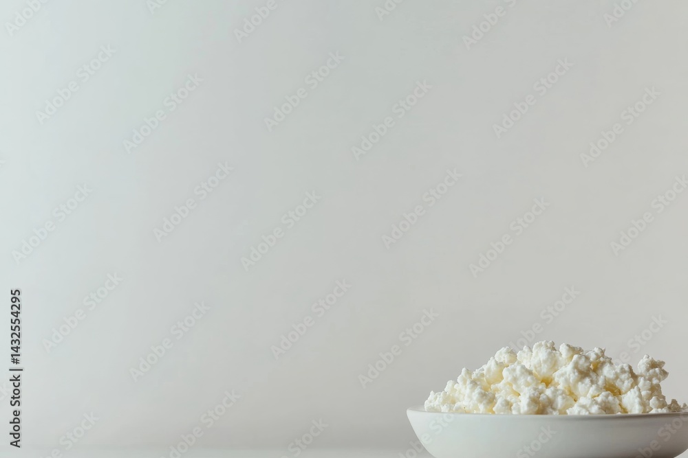 Aufkleber cottage cheese rests on a simple white plate against a clean background, highlighted by diffused lig