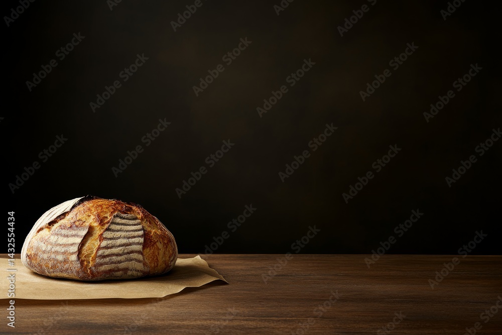 Poster golden crusted bread rests on a wooden table, inviting with its soft texture and warmth. soft lighti