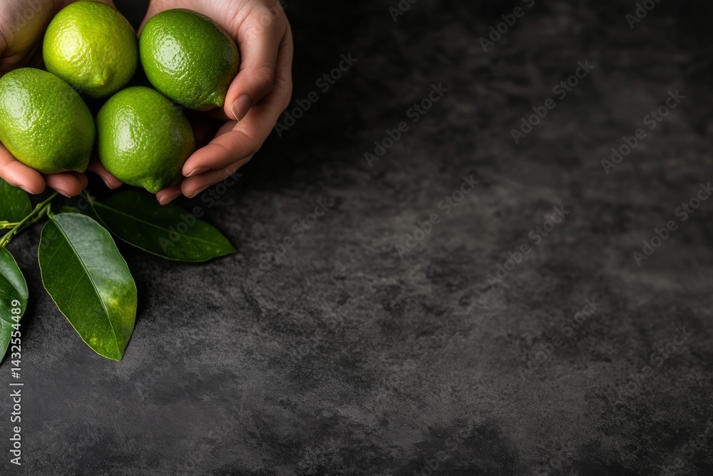 Poster hands delicately hold fresh green limes, showcasing their vibrant color and glossy leaves in soft li