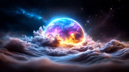 Fototapeta premium Cosmic sphere above the clouds at night