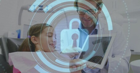 Dentist guiding child patient in dental clinic, showing tablet with animated lock and binary code - Powered by Adobe