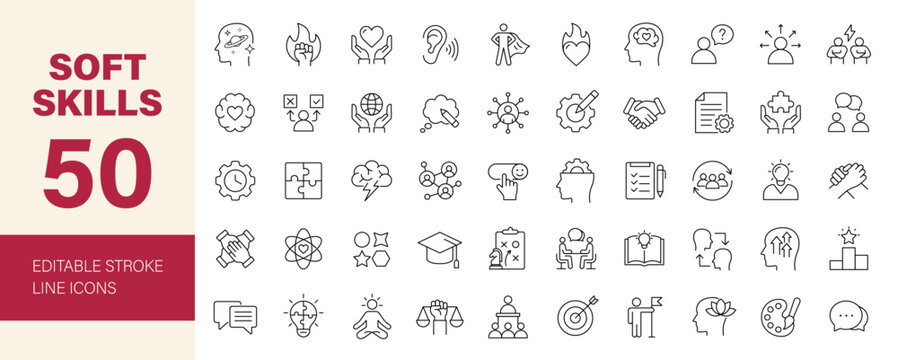 Soft Skills icon set. Containing communication, empathy, leadership, enthusiasm, confidence, growth, creativity, teamwork, emotional, personality and more. Editable line icons. Vector illustration.
