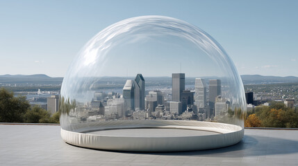 Urban Enclosure: An ethereal dome encapsulates a sprawling cityscape, showcasing the ingenuity of architecture and innovation. The scene evokes a sense of protection.