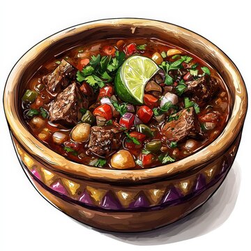 Mexican birria de chivo goat stew national cuisine dish isolated on white background, colorful cartoon illustration