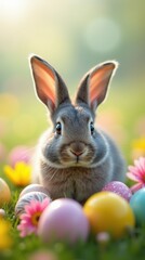 Curious gray rabbit among Easter eggs and spring flowers