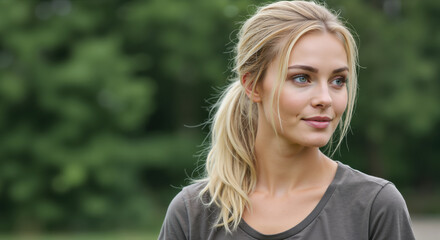 Naklejka premium Blonde woman with side ponytail looking away with slight smile against green foliage background. Natural beauty portrait for outdoor lifestyle content and casual fashion advertising