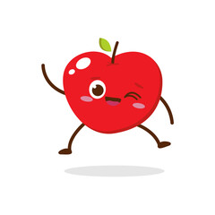Cute Smiling Red Apple Character Waving – Kawaii Red Fruit Mascot Vector