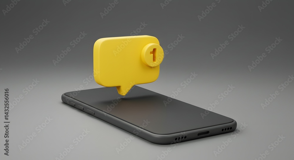 Poster new message notification 3d render of smartphone with yellow notification bubble icon