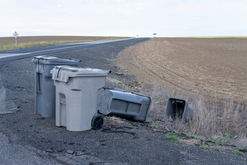 Trash cans near the road in the countryside