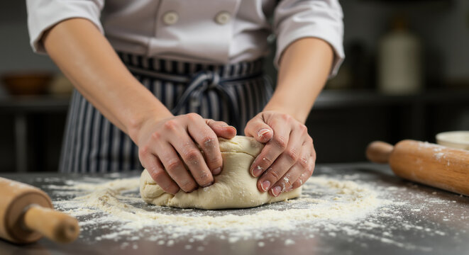 Female hands kneading bread dough on floured table. Chef in striped apron and white jacket working with raw pastry. For bakery business and cooking class advertising