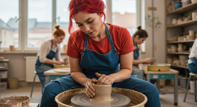 Woman with red hair creating ceramic pot on pottery wheel in workshop. Female artisan in denim apron and red shirt crafting clay vessel with focused expression. For pottery classes