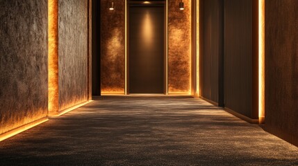 Modern hotel hallway with warm lighting and textured walls