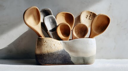 Wooden Spoons in Ceramic Holder