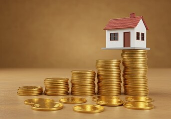 A small house sits atop a stack of gold coins representing the rising cost of home ownership today