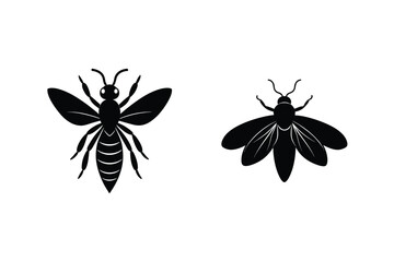 Two Black Bee Silhouettes On A White Background,Minimalistic Style Illustration