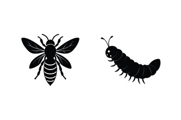 Black Silhouettes Of Bee And Caterpillar Simple Vector Illustrations Isolated